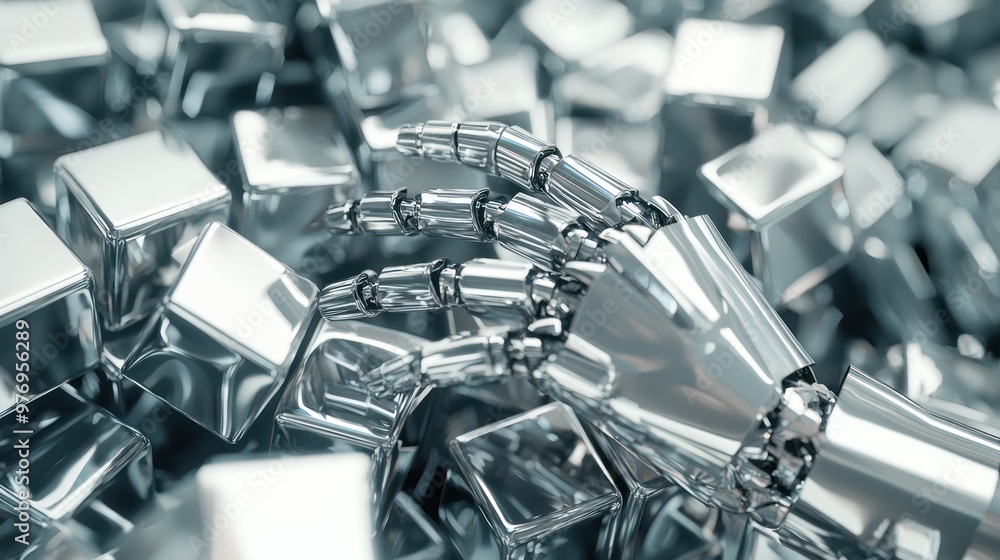 Poster precision robotics: robotic hand arranging shiny metallic cubes with reflective surfaces, generative