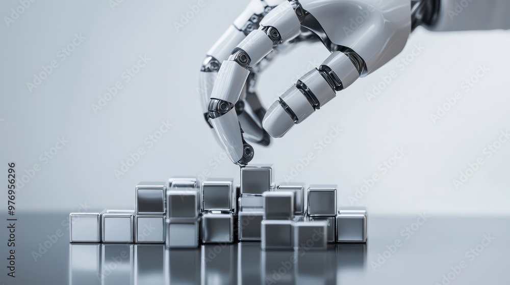 Aufkleber futuristic robotic hand skillfully arranging shiny metallic cubes with sharp reflective surfaces, ge