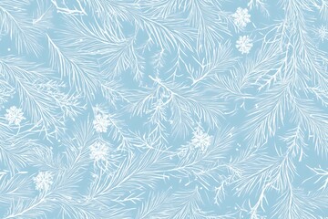 White Winter Pattern with Pine Branches and Snowflakes on Light Blue Background, Seamless Wallpaper Design for New Year&rsquo;s Decoration