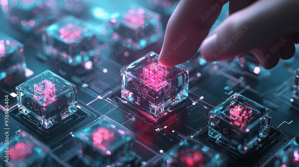 Poster creating cyberpunk dimension - hand arranging futuristic holographic cubes, generative ai