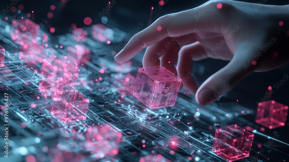 Poster cyberpunk futuristic cubes: hand arranging holographic textured blocks in a tech-inspired world, gen