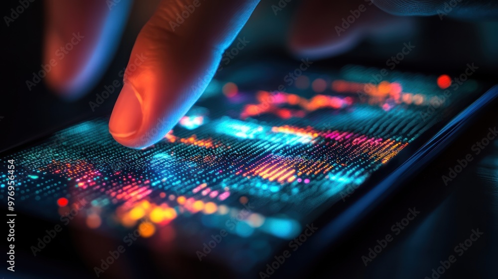 Poster finger touching a smartphone screen displaying digital data