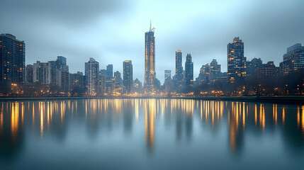 Obraz premium A panoramic view of a city skyline with skyscrapers reflected in a calm lake at dusk.