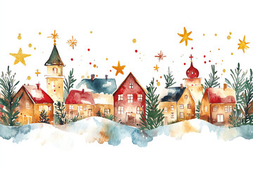 Design a watercolor illustration of a snowy village with soft strokes in shades of red, green, gold, and blue, merging with abstract holly leaves, stars, and ornaments