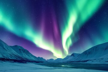 Naklejka premium Aurora Borealis in the night sky, beautiful northern lights with green and purple colors dancing over snow-capped mountains.