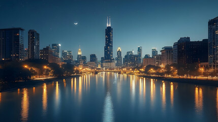 A panoramic view of a city skyline with skyscrapers reflected in a river at night.
