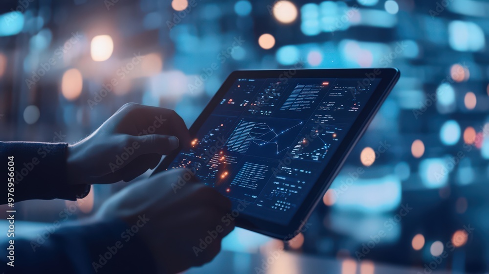 Poster ai and digital technology are utilized by software engineers on digital tablets for managing big dat