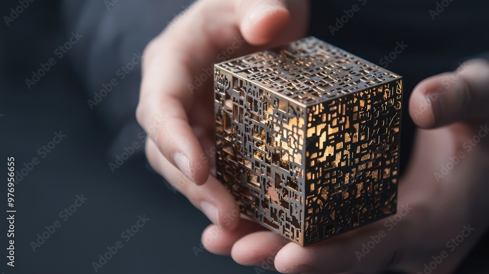 Aufkleber precision at work: hand stacking metallic cubes with intricate patterns under sharp lighting, genera