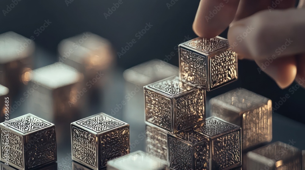 Aufkleber abstract geometry: hand stacking metallic cubes with intricate patterns under sharp lighting, genera