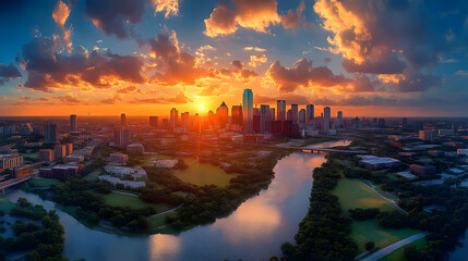 Fototapeta premium A panoramic view of a city skyline with skyscrapers, a river, and a sunset in the background.