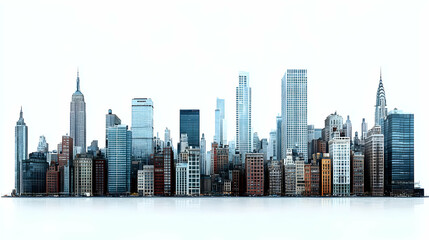 Fototapeta premium A panoramic view of a city skyline with skyscrapers, buildings, and a reflection on the water.
