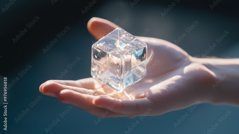 Aufkleber illuminated hand balancing transparent light cubes - abstract and ethereal conceptual image, generat