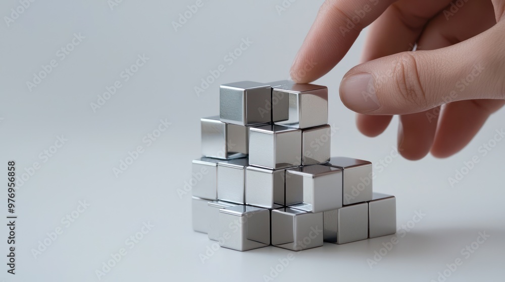 Aufkleber precise hands creating symmetrical patterns with metal cubes for abstract art installation, generati
