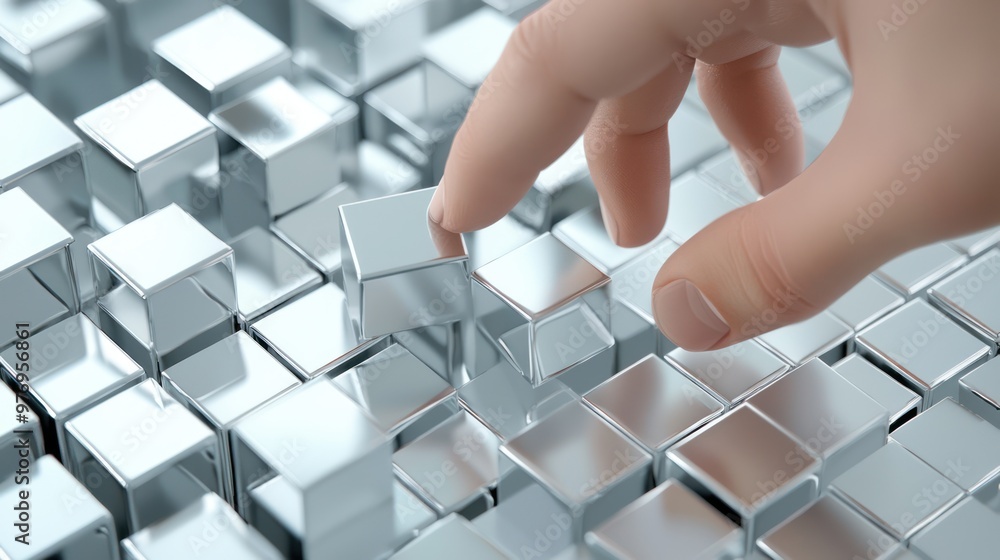Poster precision in motion: delicate fingers creating geometric harmony with metallic cubes, generative ai