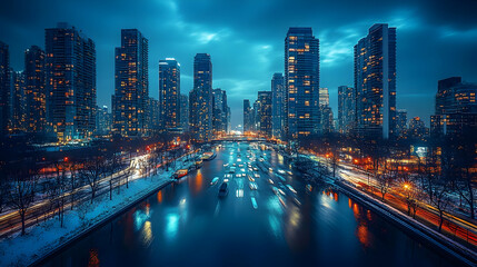Obraz premium A panoramic view of a city skyline with tall buildings illuminated at night, with a river and bridge in the foreground, snow-covered ground, and a cloudy sky.