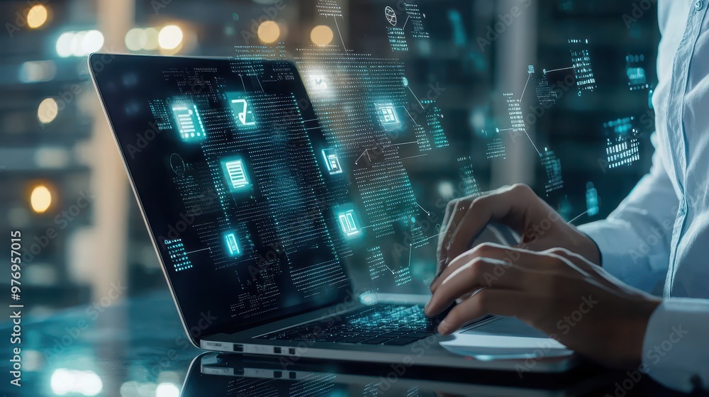 Poster hands typing on laptop with holographic data and code