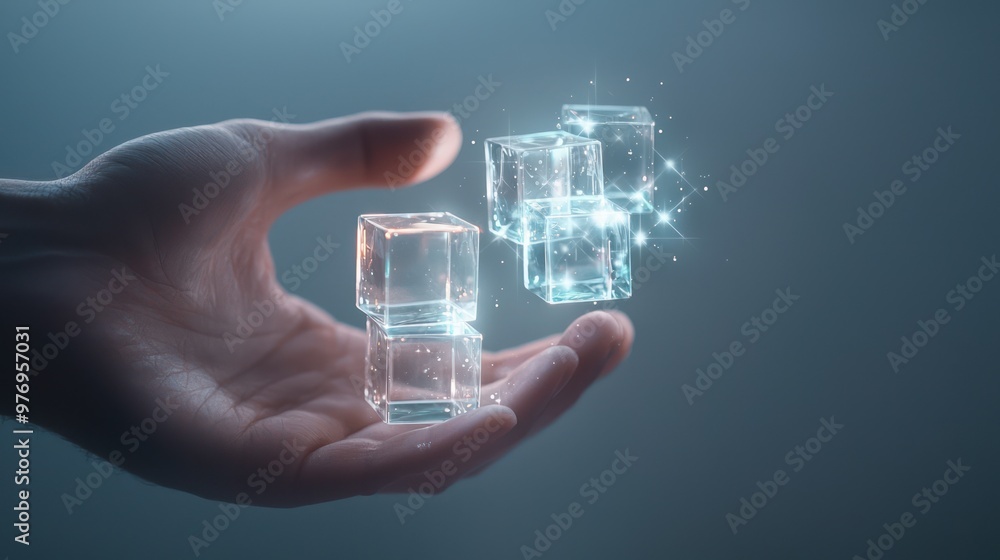Aufkleber captivating display of delicate hands arranging transparent cubes with shifting light patterns, evok