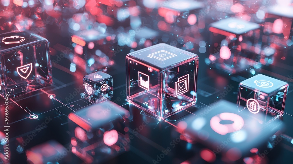 Poster futuristic tech concept: glowing icons on stacked transparent cubes in digital space, generative ai