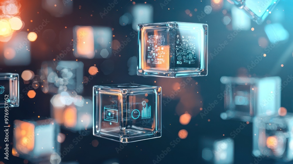 Poster futuristic technology concept with stacked transparent cubes and glowing icons in digital space, gen