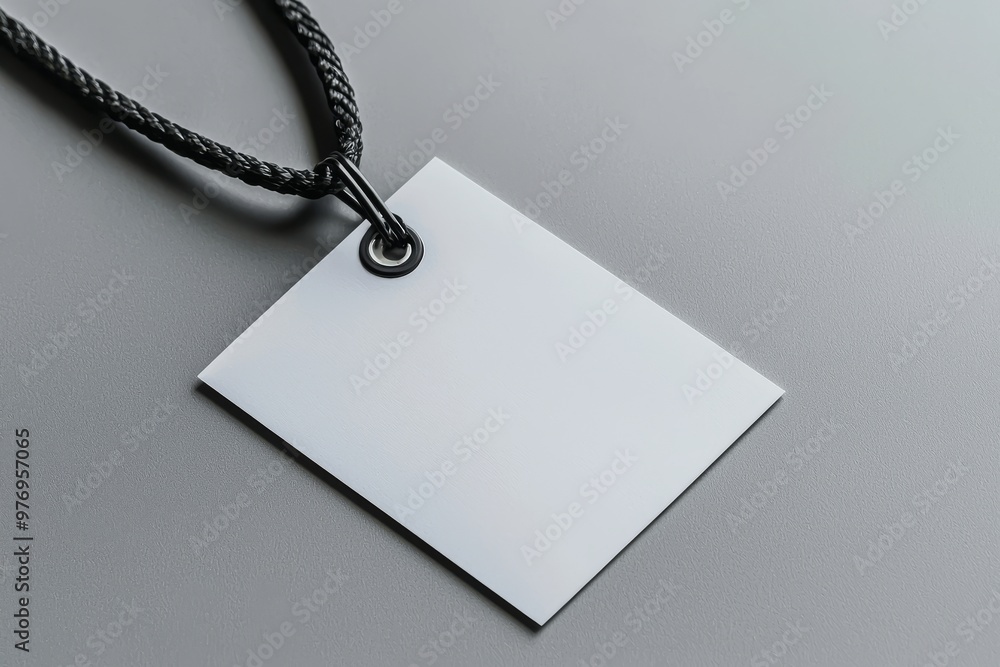 Aufkleber typical blank label name tag hanging on a neck with thread. layout empty on grey background.