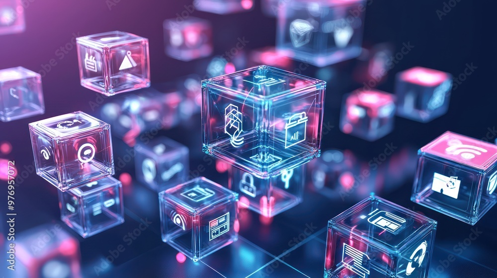 Poster futuristic technology concept with stacked transparent cubes and glowing icons in digital space, gen