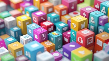 Modern Business Icons Concept - Symmetrical Stacked Colorful Cubes with Minimalist Symbols, Generative AI