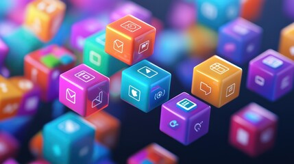 Naklejka premium Technological Innovation: Abstract Gradient Cubes with App Icons in Futuristic Space, Generative AI