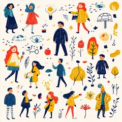 Fototapeta premium Colorful Hand Drawn People and Nature Elements Illustration