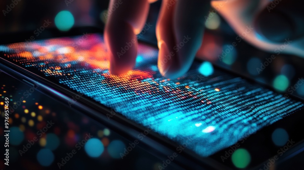 Poster finger touching a phone screen with data visualization