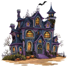 Fototapeta premium Whimsical Haunted Mansion with Pumpkins and Bats in Cartoon Halloween Style