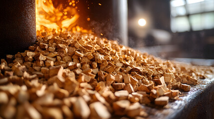 Obraz premium A close-up view of wood pellets piled near a warm, glowing furnace, showcasing the texture and warmth of natural materials.