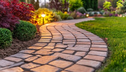 Curved Cobblestone Garden Path with Landscape Lighting at Twilight, Landscaping and Garden Design