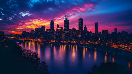 Fototapeta premium A panoramic view of a cityscape with a vibrant pink and orange sunset reflecting on the water.