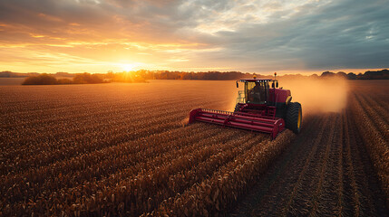 Obraz premium A red tractor harvests crops at sunset, surrounded by golden fields. Nature and agriculture blend in a stunning rural landscape.