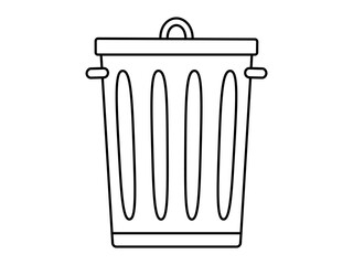 Hand drawn cute outline illustration of big garbage can with lid. Flat vector trash bin, environmental pollution design in line art doodle style. Ecology sticker, icon. Rubbish disposal. Isolated.