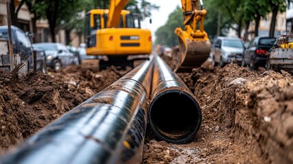 Excavator Digging Trench for Water or Sewer Pipes Installation
