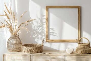 This design template represents a stylish Korean interior of a living room with brown mock up poster frame, elegant accessories, flowers in vase, wooden shelf and hanging rattan leaf. It is a