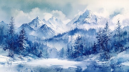 A watercolor painting of a snowy mountain range with a forest in the foreground.