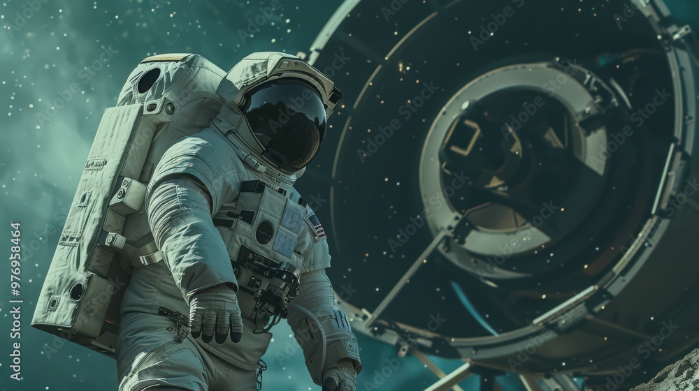 Poster an astronaut floating in front of a large telescope, observing distant celestial bodies and contribu
