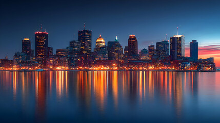 Fototapeta premium A panoramic view of a modern city skyline at dusk, with the buildings reflecting in the water.