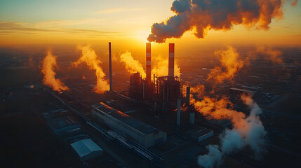 Obraz premium Aerial view of an industrial power plant at sunset, emitting smoke against a dramatic sky, highlighting energy production and pollution.