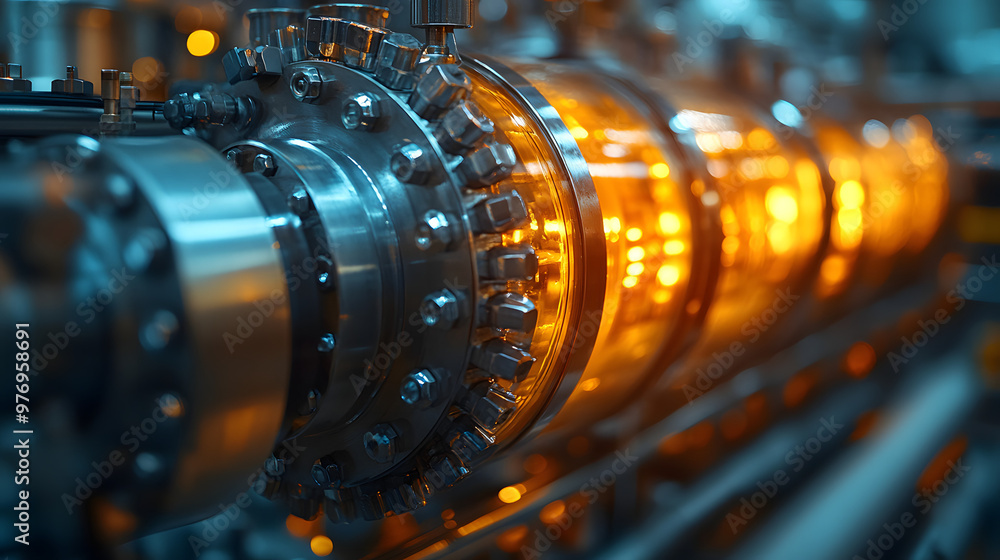 Aufkleber close-up of an industrial machine with glowing elements, showcasing advanced engineering and intrica