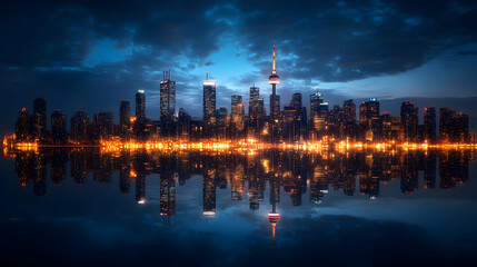 A panoramic view of a modern city skyline at night with skyscrapers lit up against a dramatic sky reflecting in the water.