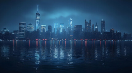 A panoramic view of a modern city skyline at night with illuminated skyscrapers reflecting in the water.