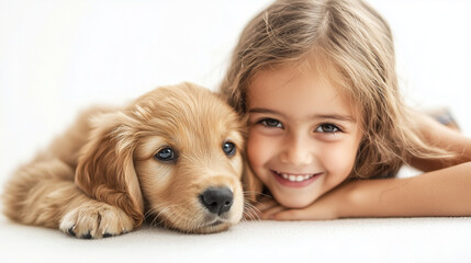 A happy child gently petting a puppy's head, both smiling and enjoying the moment, isolated on white background