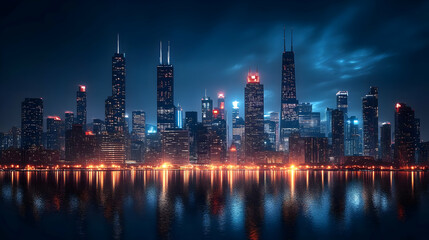 Obraz premium A panoramic view of a modern city skyline at night, illuminated by bright lights reflecting on the water.