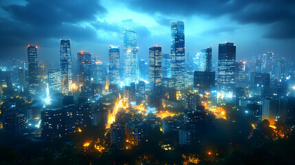 Obraz premium A panoramic view of a modern city skyline at night, illuminated by streetlights and building lights, with a cloudy sky overhead.