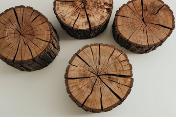Fototapeta premium Rustic Wooden Stump Cutouts Featuring Circular Growth Patterns and Textures on a Minimalist Background
