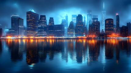 Fototapeta premium A panoramic view of a modern city skyline at night, with skyscrapers reflecting in the water.