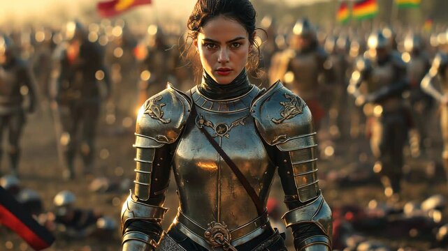 Female knight in shining armor, close-up portrait of woman warrior with army in background, medieval fantasy battle scene